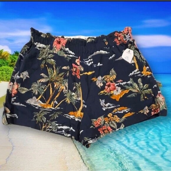 Time & True Linen Rayon Blend Hawaiian Print High-Waist Shorts Sz L - Picture 5 of 6